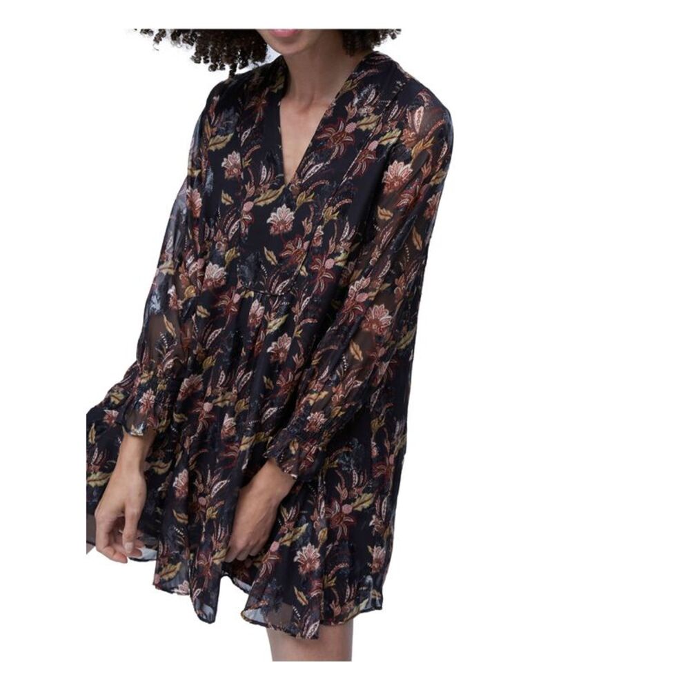 FRENCH CONNECTION Womens Sheer Smocked Long Sleeve V Neck Short Shift Dress